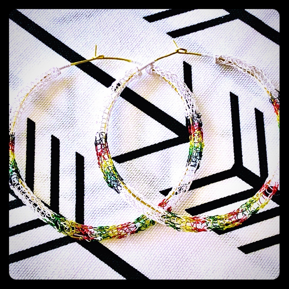 2.5” Handmade Rasta Colors Wire Crocheted Earrings